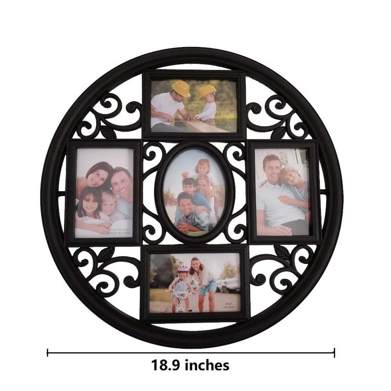 MKUN 2Pack of 4x6 Wall Photo Collage Frames - Round Circular Circle Wall Hanging Picture Collage Frame with Leaf Decoration, 5- Opening (Black) - Image 4